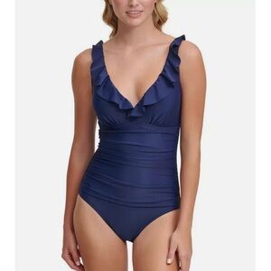 DKNY Navy Ruffle Plunge Underwire Tummy Control One-Piece Swimsuit Size NWT